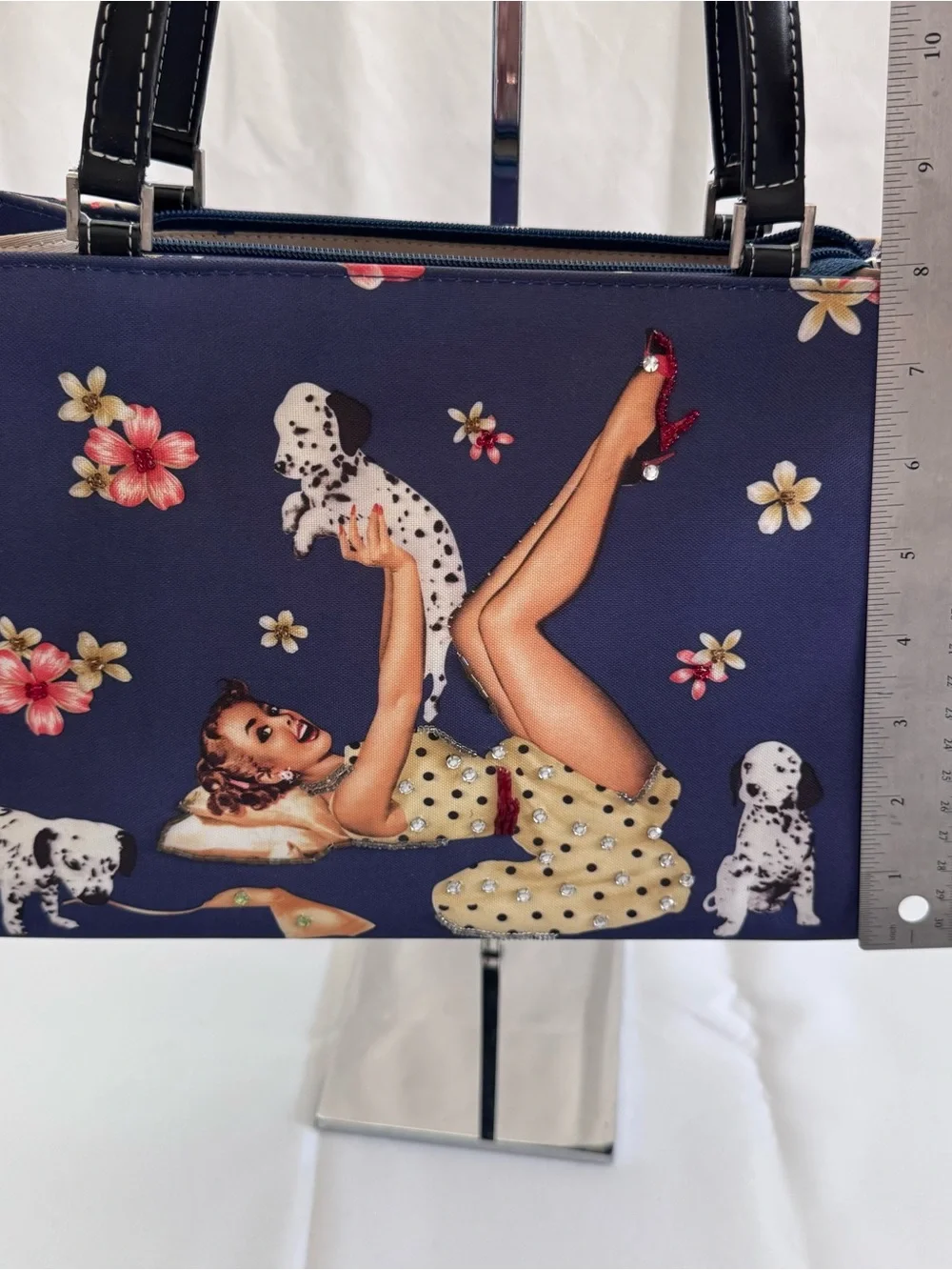 Navy Pin-Up Print Shoulder Bag with Dalmatian Motif